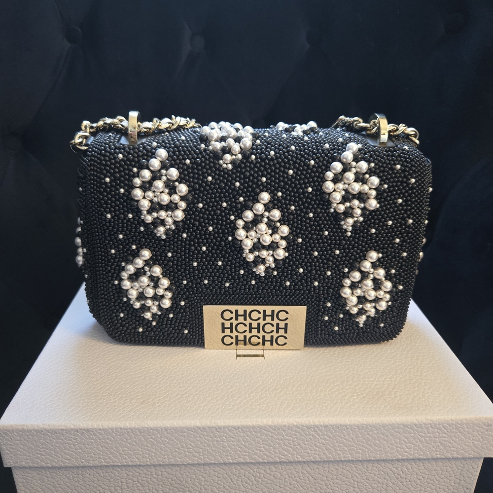Carolina Herrera Black/White Pearl Hand-Beaded Clutch W/Strap Made In Spain NWT